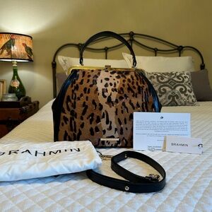 NWT Brahmin Emmy Tan Reyka in Black Smooth Leather and Real Printed Calf Hair